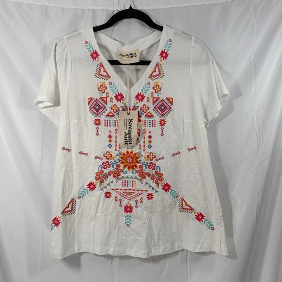 NWT Savanna Jane White Embroidered Boho Top Women’s Small Short Sleeve Festival - Picture 1 of 4